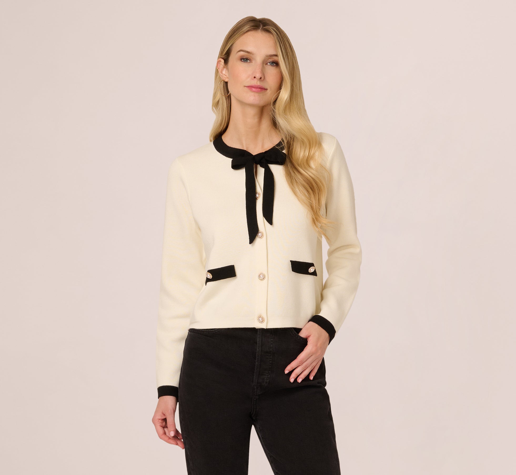 Long Sleeve Bow Collar Cardigan Sweater In Ivory Black