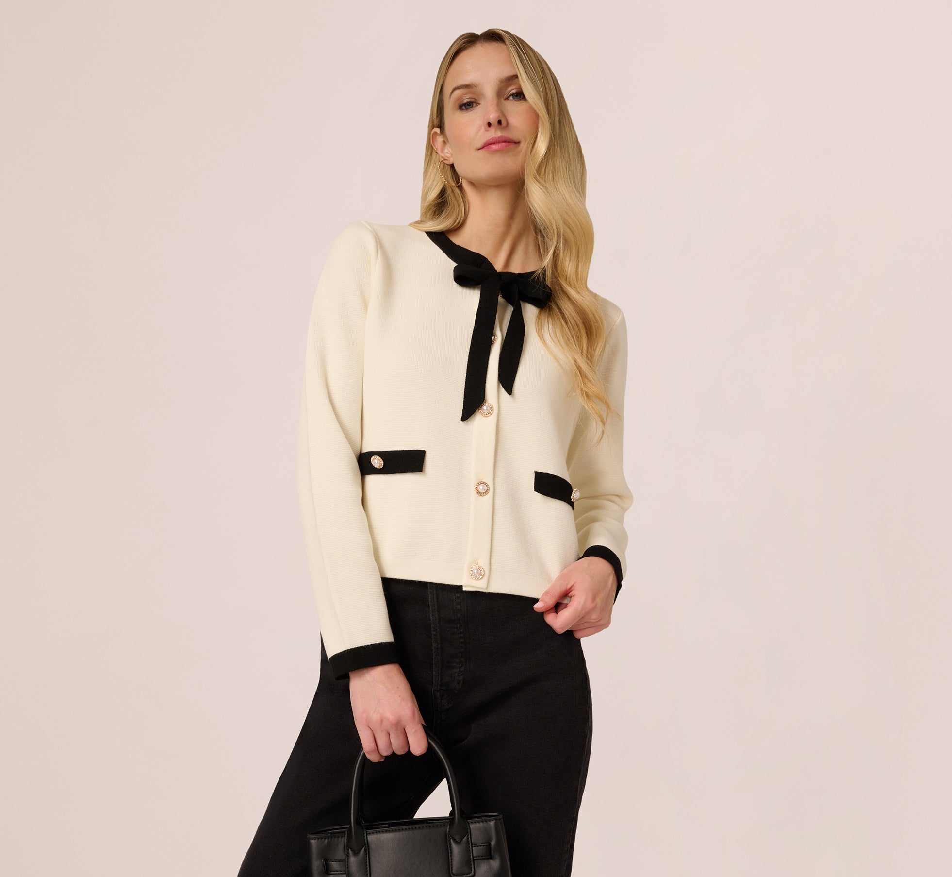 Long Sleeve Bow Collar Cardigan Sweater In Ivory Black