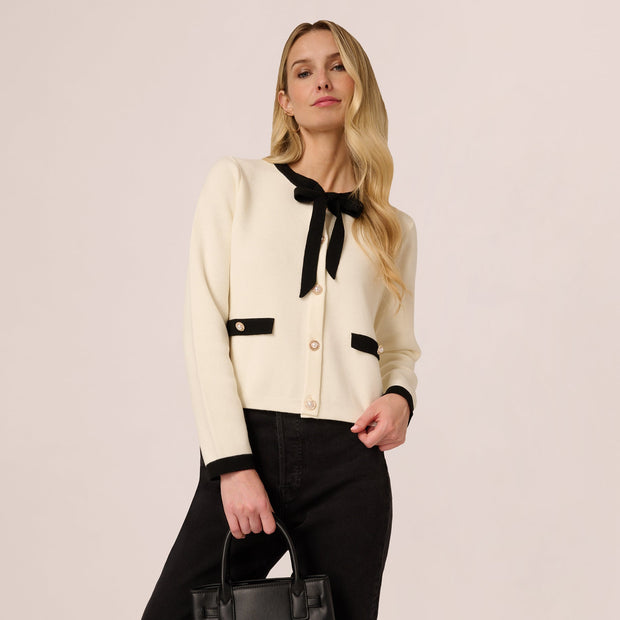 Long Sleeve Bow Collar Cardigan Sweater In Ivory Black
