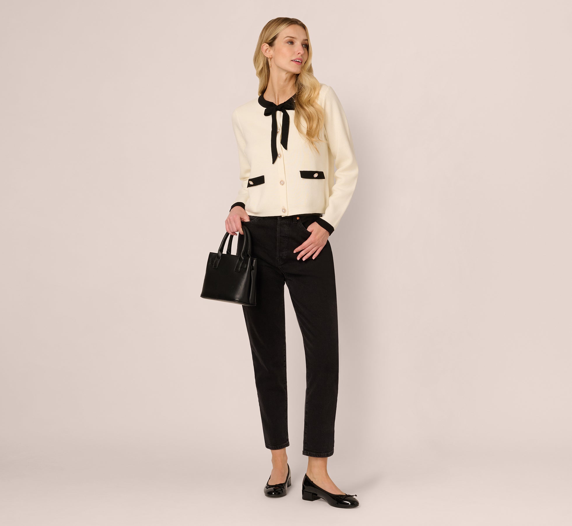 Long Sleeve Bow Collar Cardigan Sweater In Ivory Black