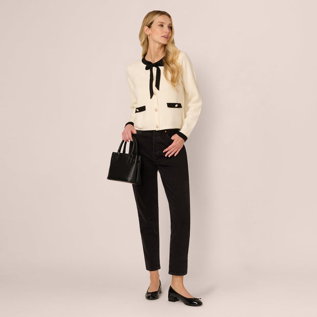 Long Sleeve Bow Collar Cardigan Sweater In Ivory Black