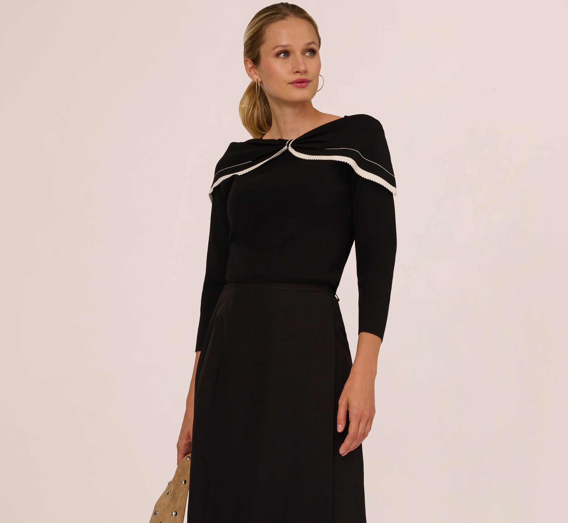 Off Shoulder Bow Collar Sweater In Black Ivory