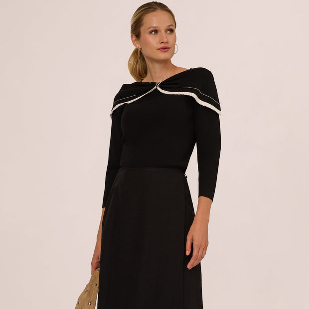 Off Shoulder Bow Collar Sweater In Black Ivory