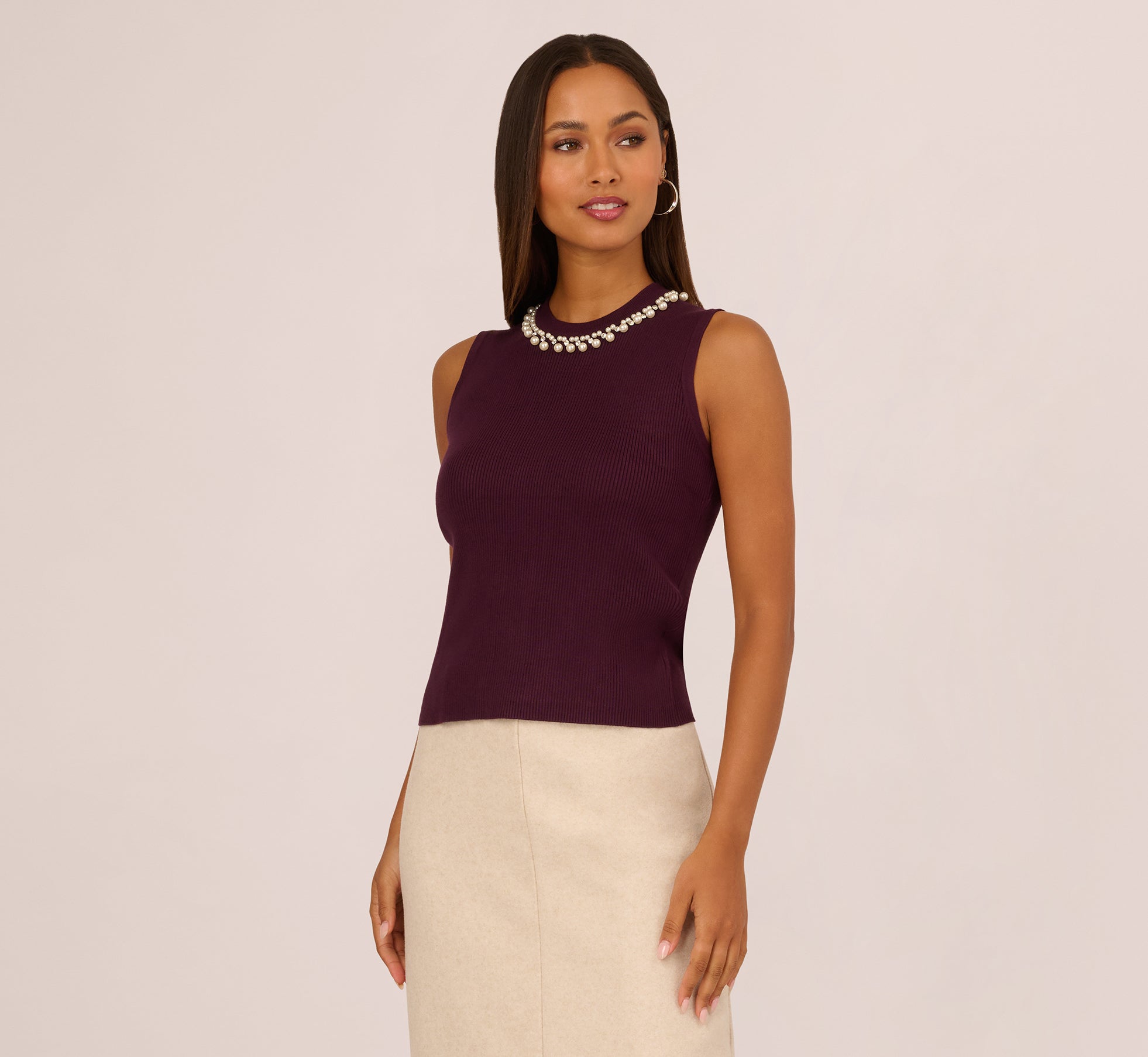 Pearly Collar Tank Sweater In Plum