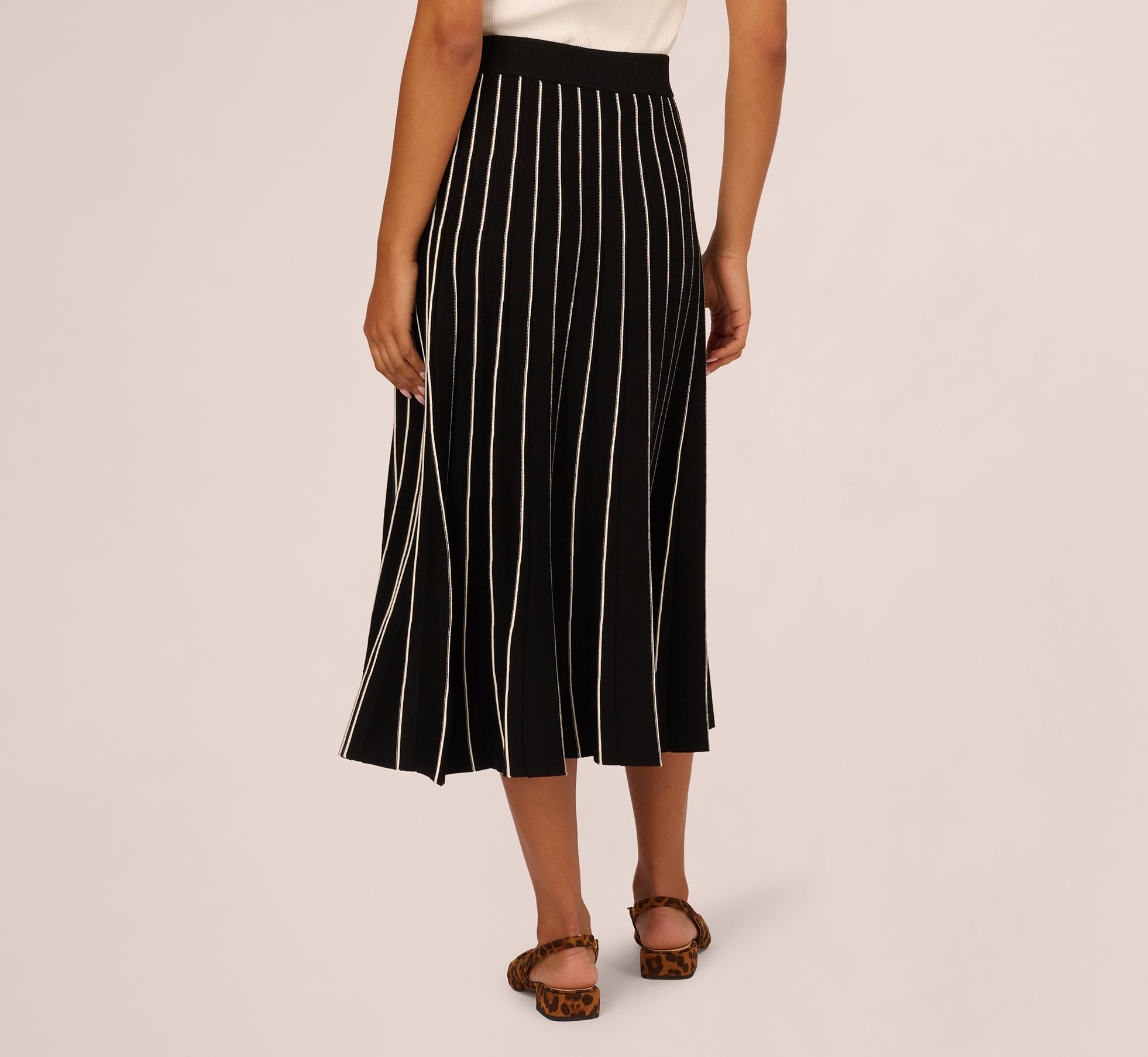 Pleated Pinstriped Knit Midi Skirt In Black Cream