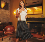 Pleated Pinstriped Knit Midi Skirt In Black Cream