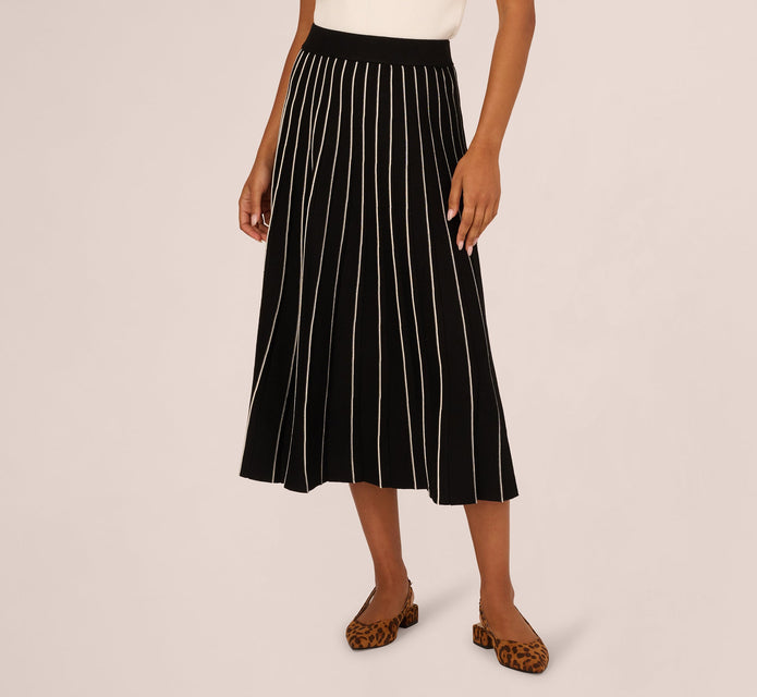 Pleated Pinstriped Knit Midi Skirt In Black Cream