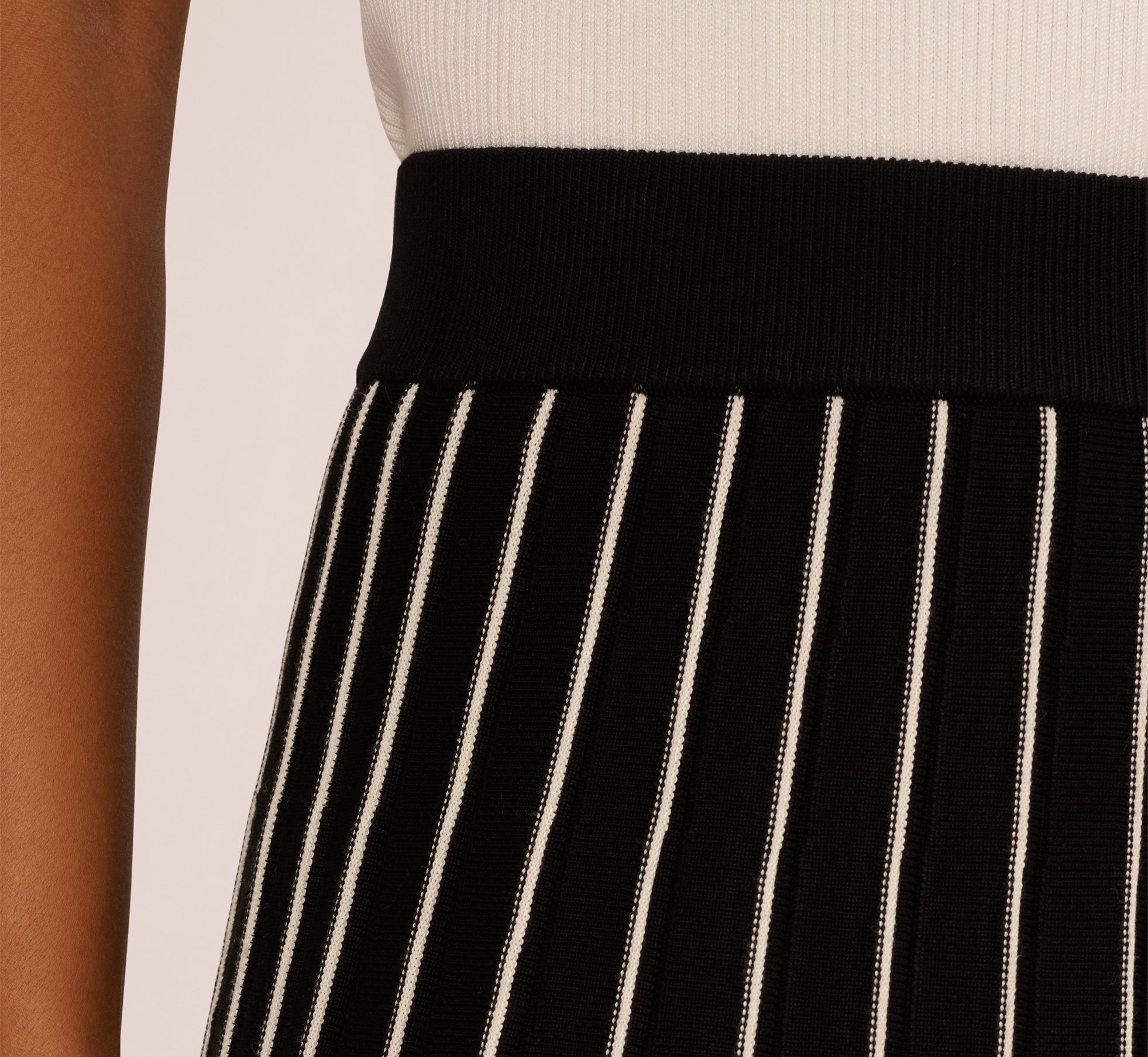 Pleated Pinstriped Knit Midi Skirt In Black Cream