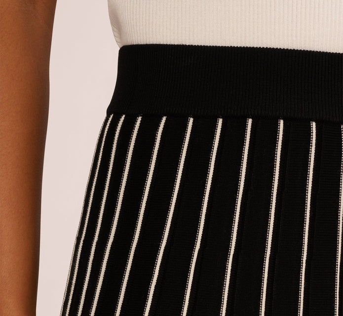 Pleated Pinstriped Knit Midi Skirt In Black Cream