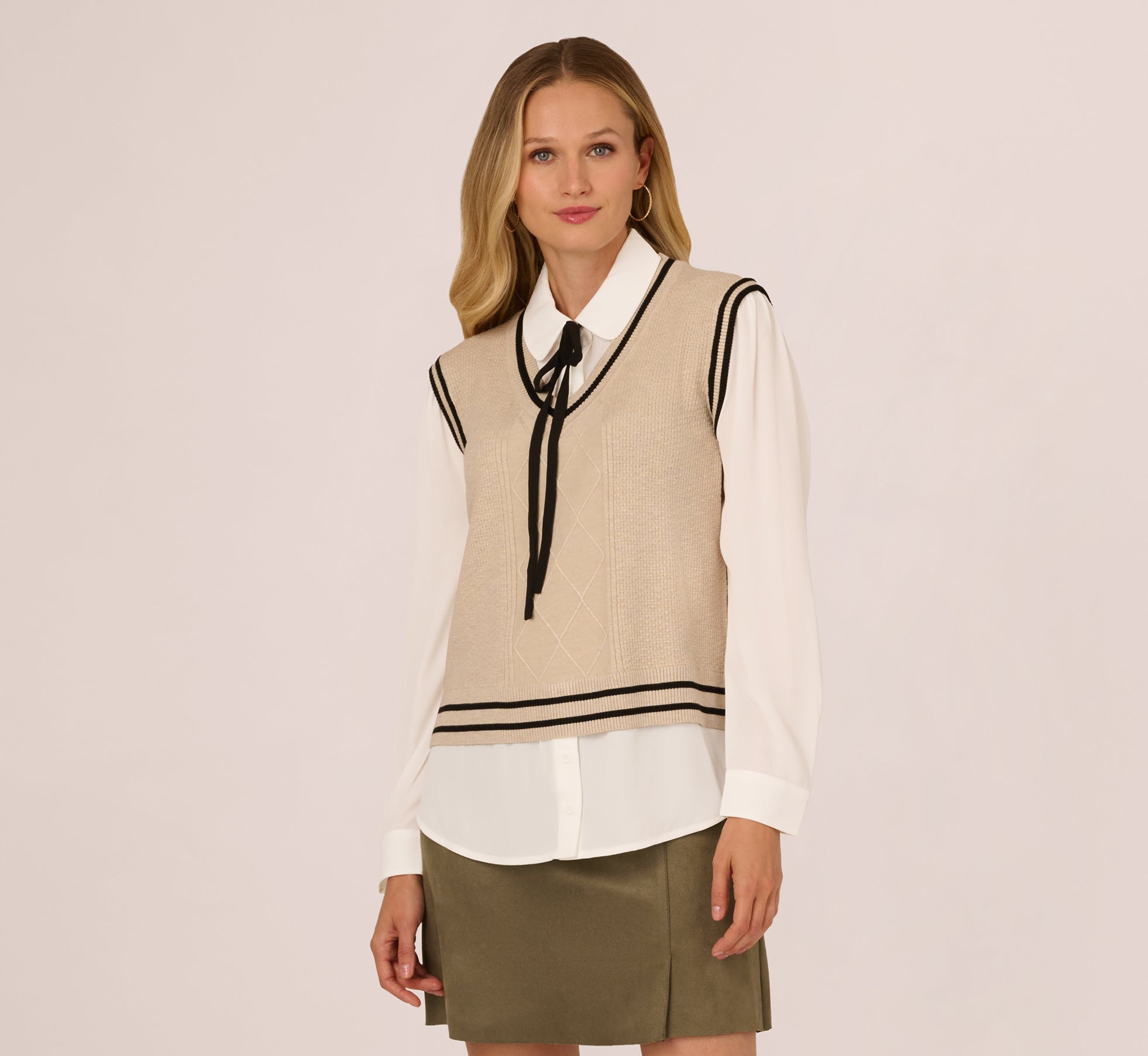 Long Sleeve Tie Neck Sweater Vest Twofer Top In Neutral Black