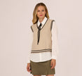 Long Sleeve Tie Neck Sweater Vest Twofer Top In Neutral Black
