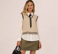 Long Sleeve Tie Neck Sweater Vest Twofer Top In Neutral Black