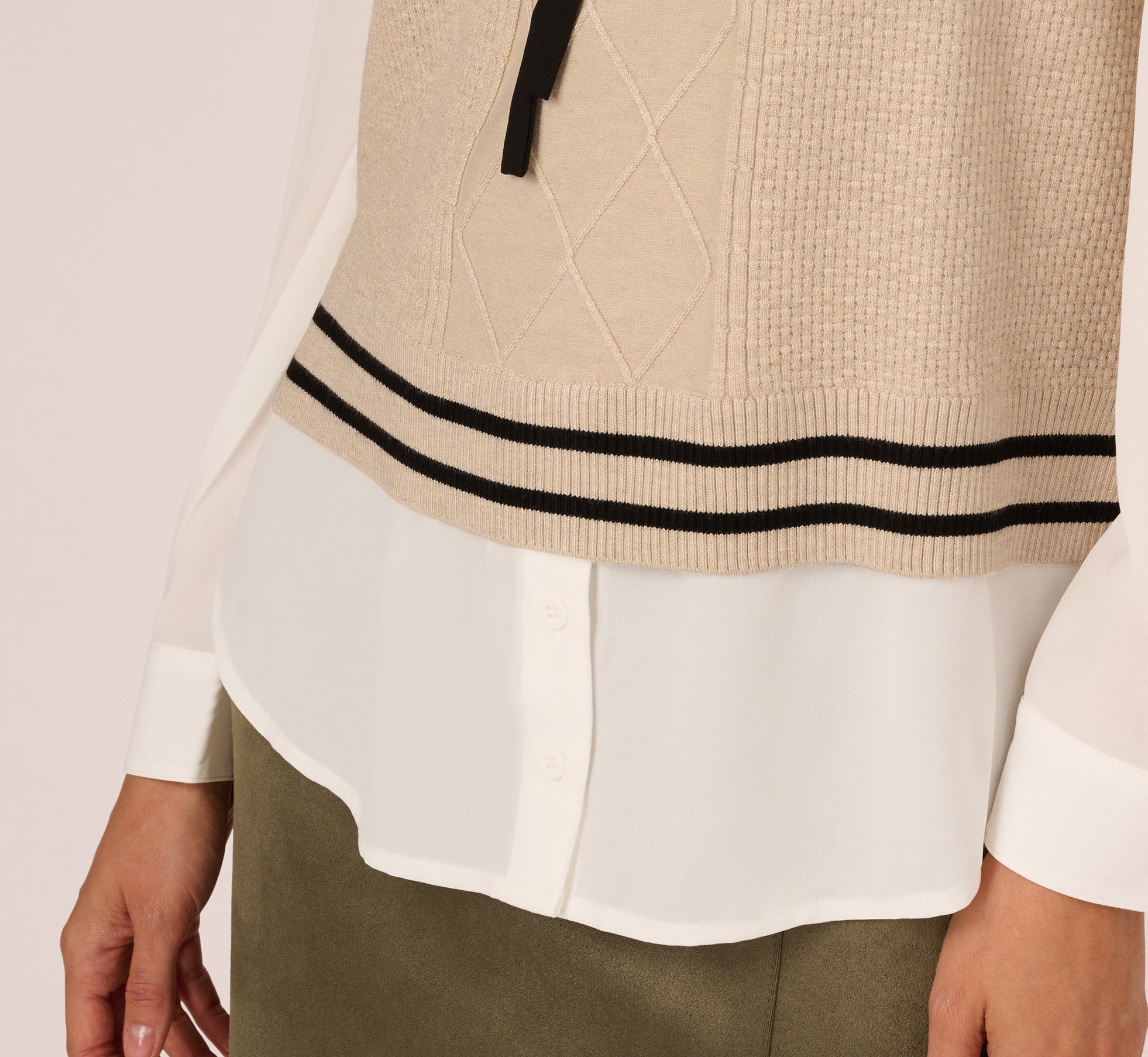 Long Sleeve Tie Neck Sweater Vest Twofer Top In Neutral Black