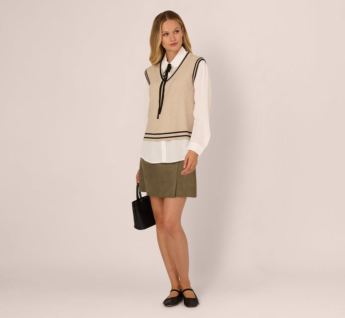 Long Sleeve Tie Neck Sweater Vest Twofer Top In Neutral Black