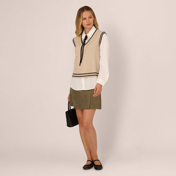 Long Sleeve Tie Neck Sweater Vest Twofer Top In Neutral Black