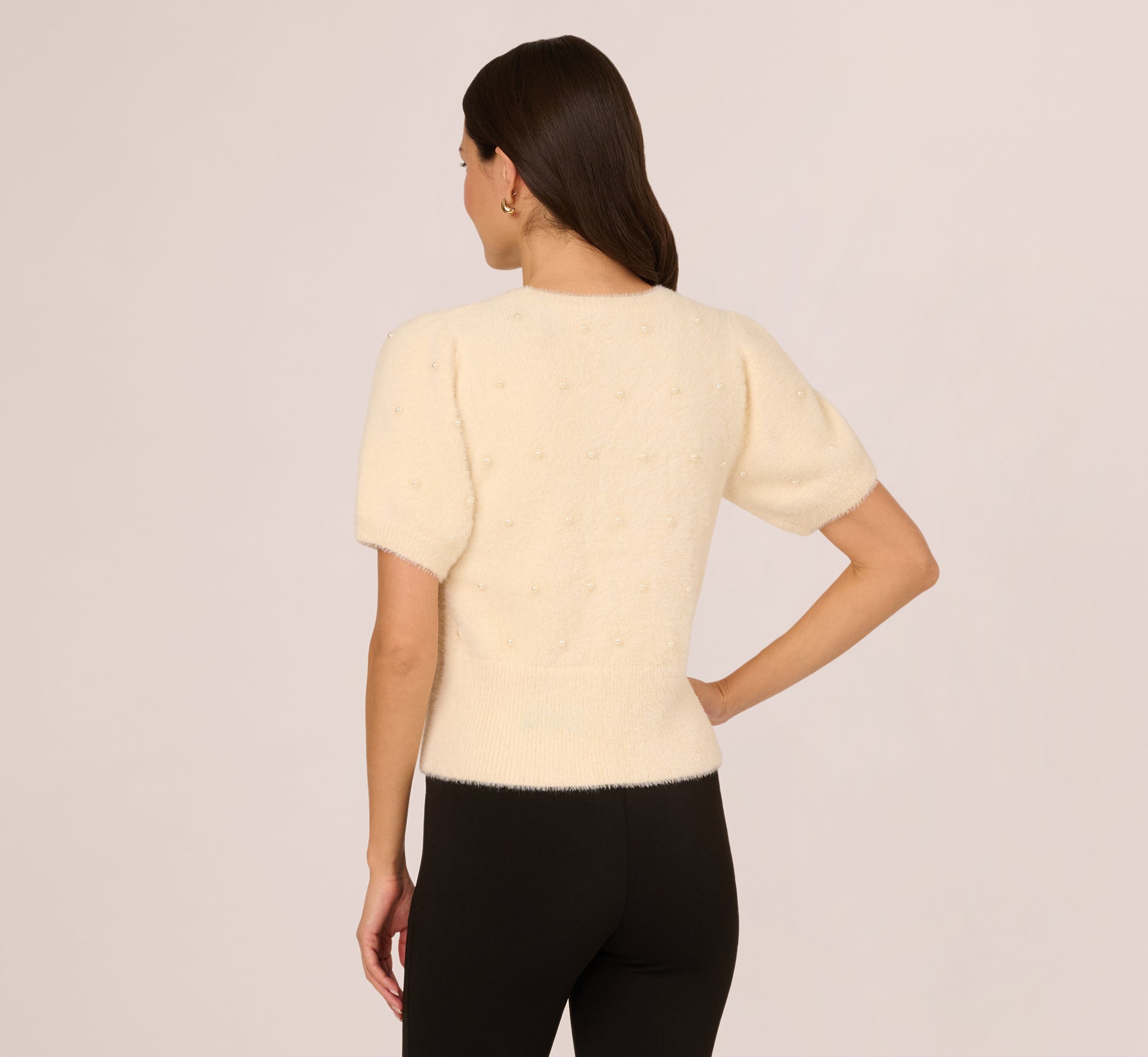 Short Sleeve Pearly Fuzzy Sweater In Cream