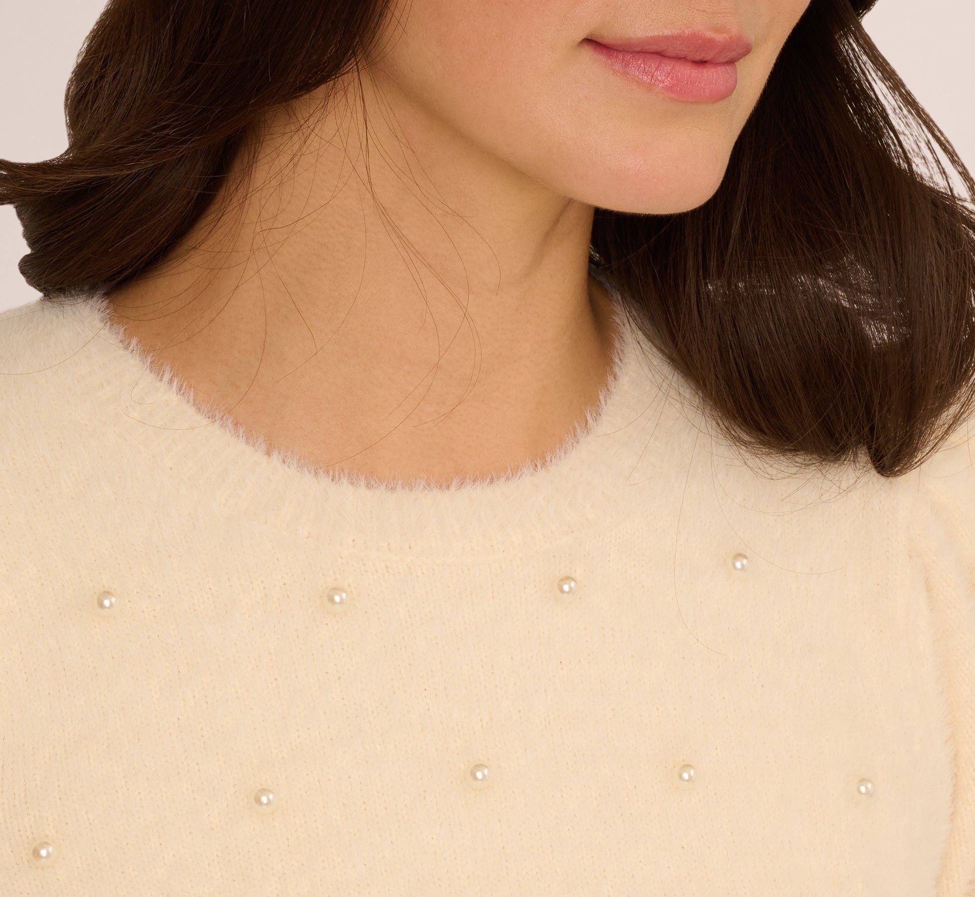 Short Sleeve Pearly Fuzzy Sweater In Cream
