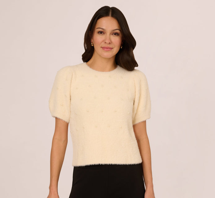 Short Sleeve Pearly Fuzzy Sweater In Cream