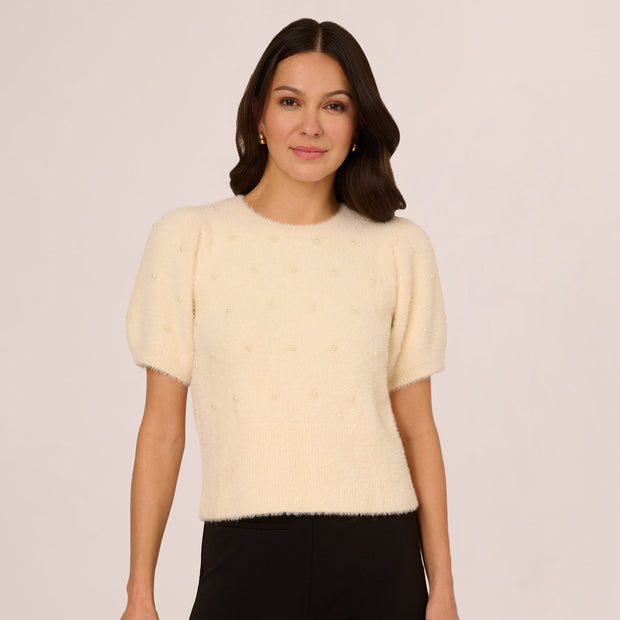 Short Sleeve Pearly Fuzzy Sweater In Cream