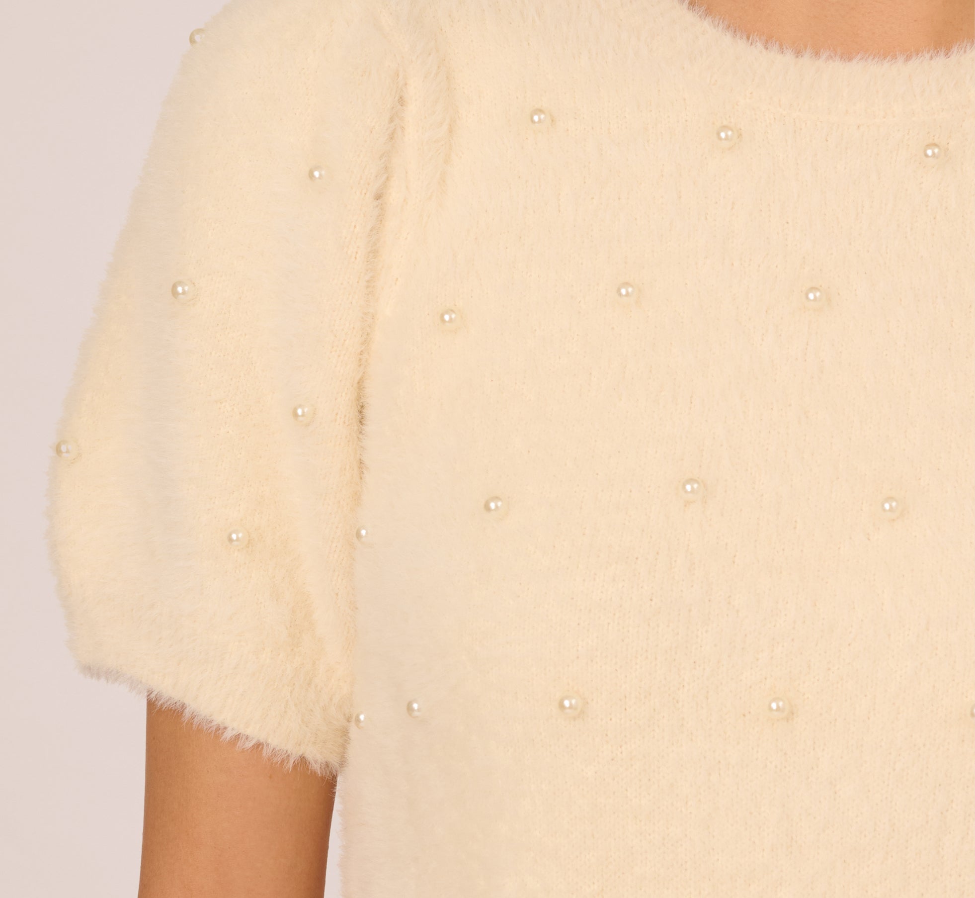 Short Sleeve Pearly Fuzzy Sweater In Cream
