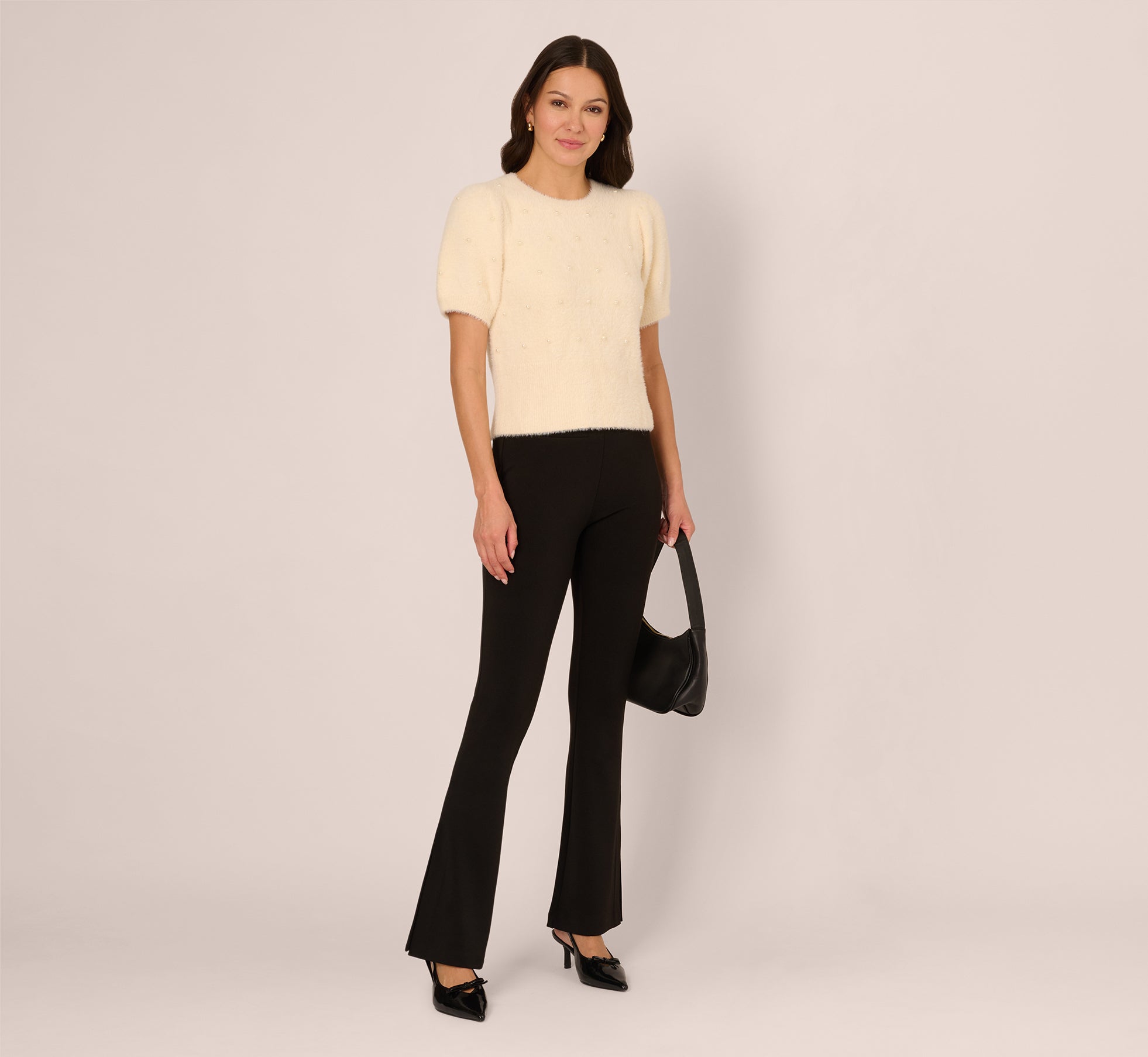 Short Sleeve Pearly Fuzzy Sweater In Cream