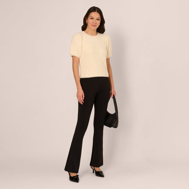 Short Sleeve Pearly Fuzzy Sweater In Cream