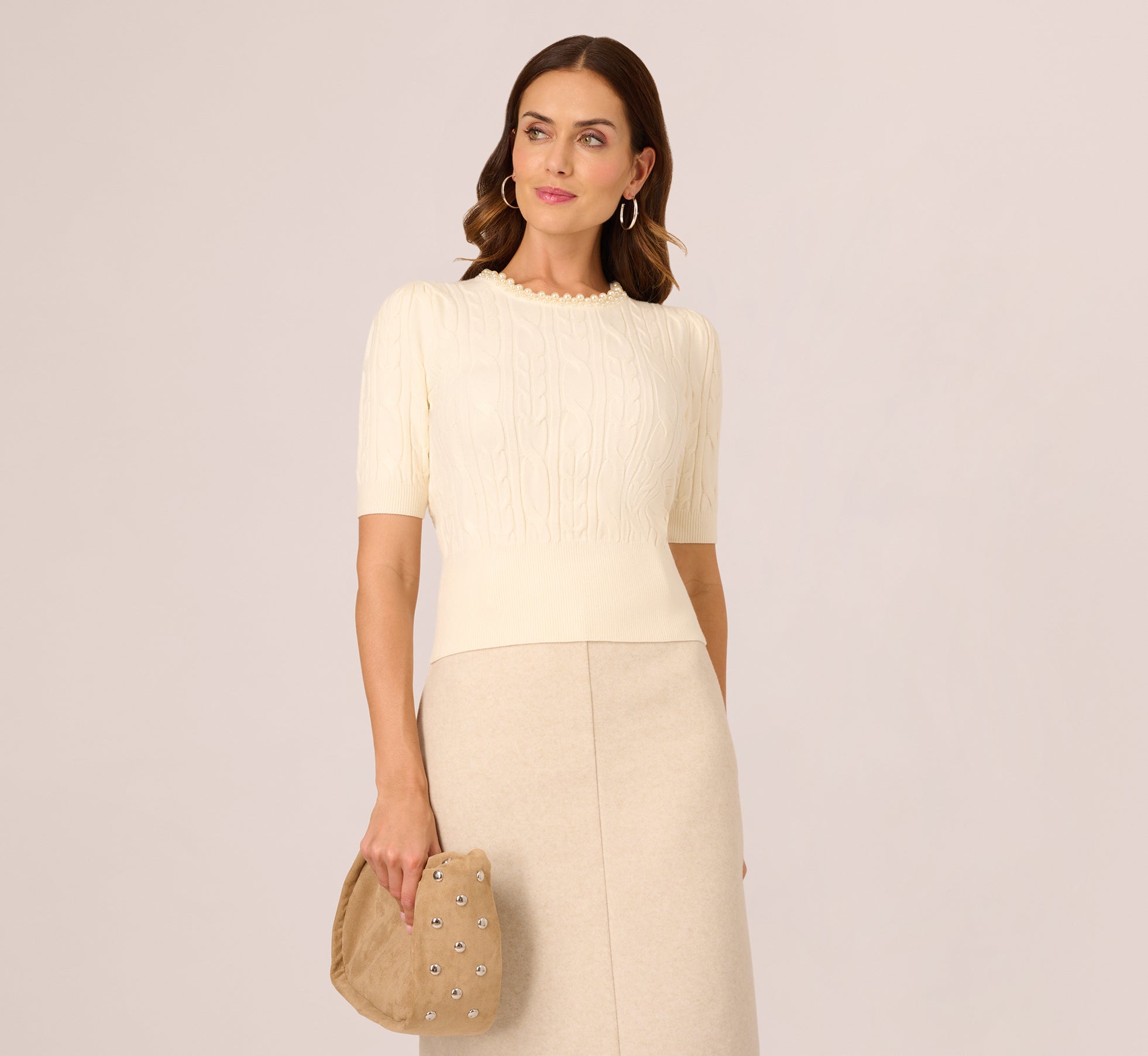 Short Sleeve Pearly Collar Sweater In Sugar Cream