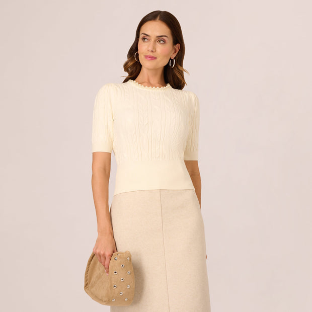Short Sleeve Pearly Collar Sweater In Sugar Cream