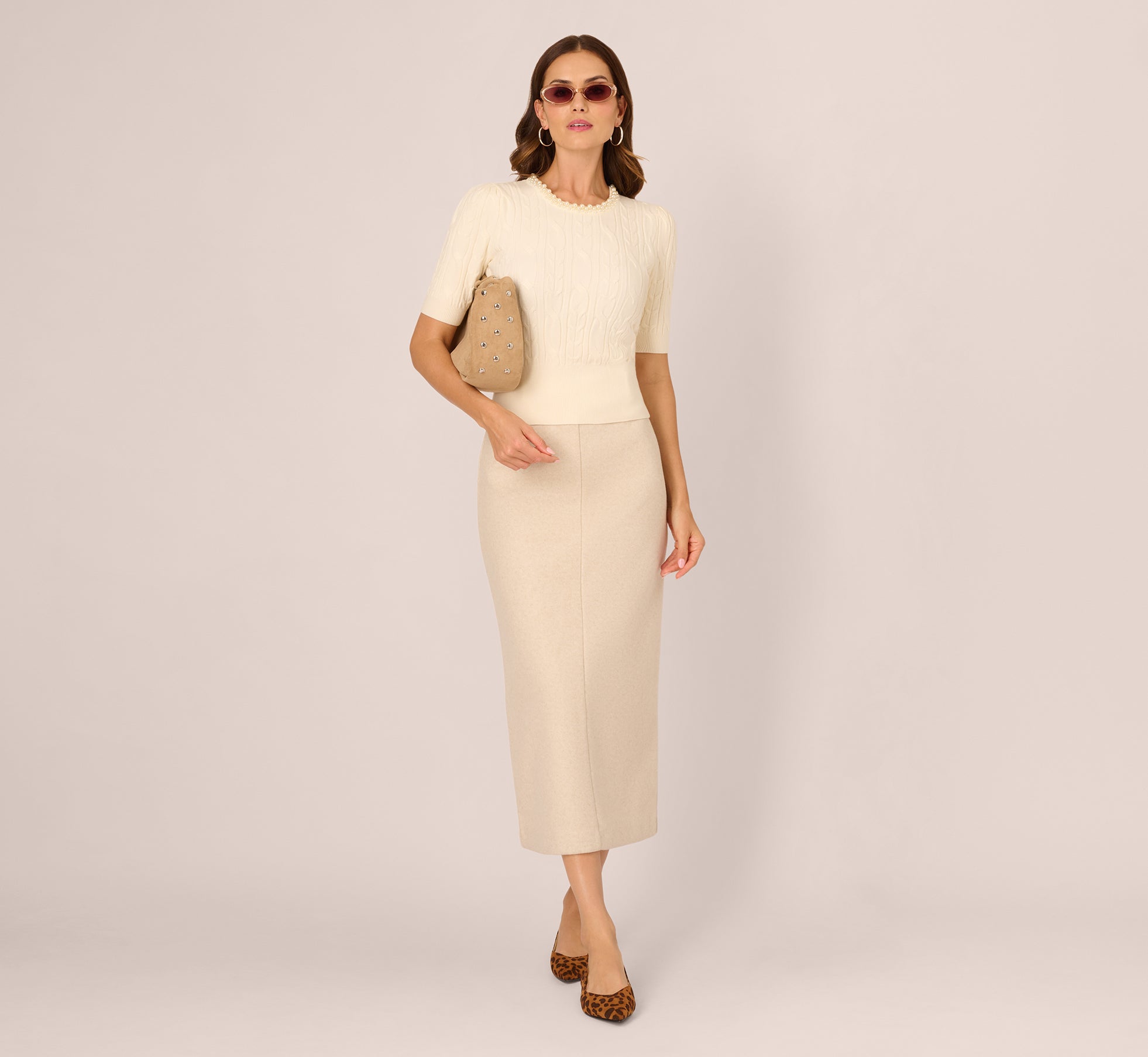 Short Sleeve Pearly Collar Sweater In Sugar Cream