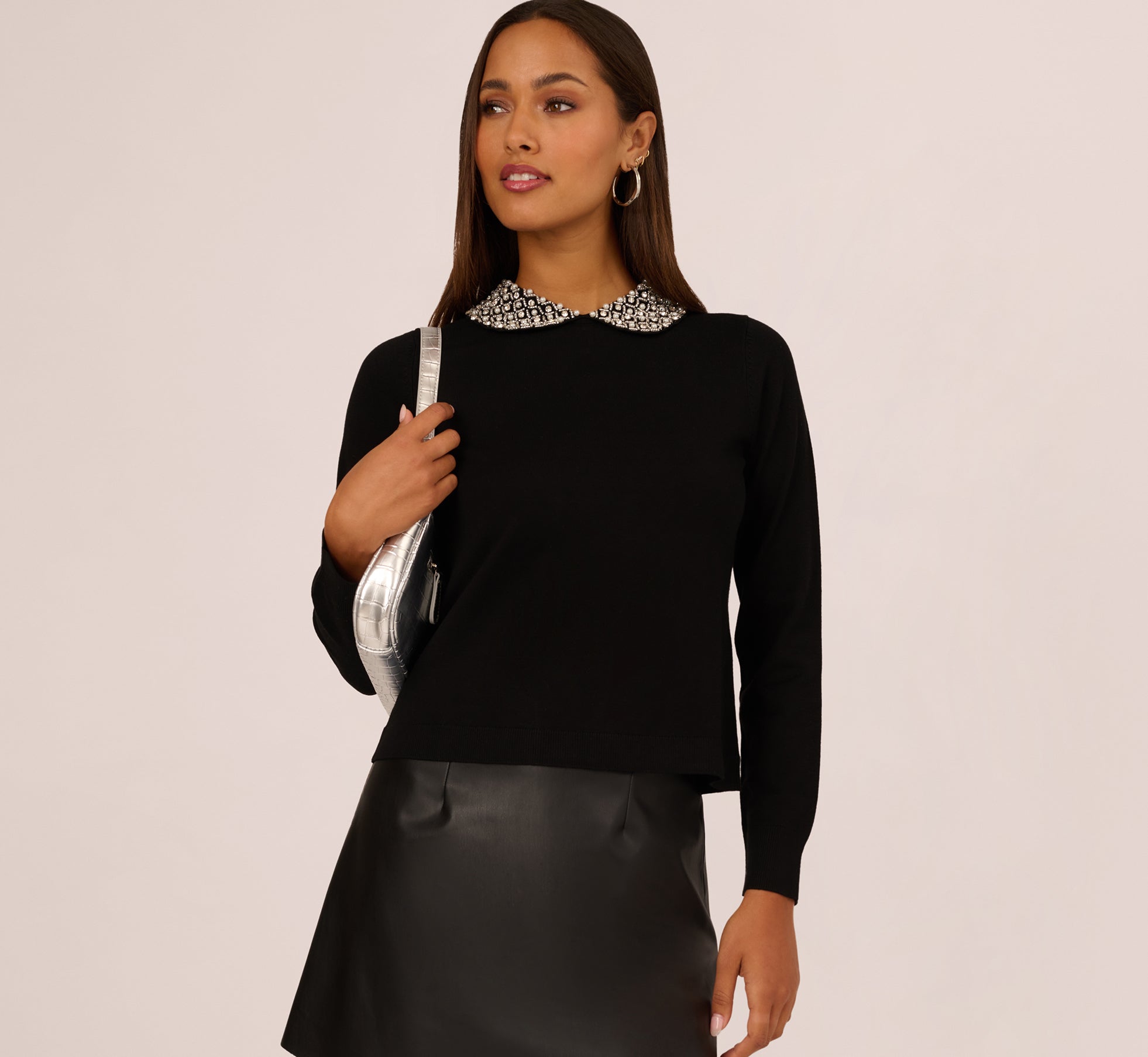 Long Sleeve Pearly Beaded Collar Sweater In Black
