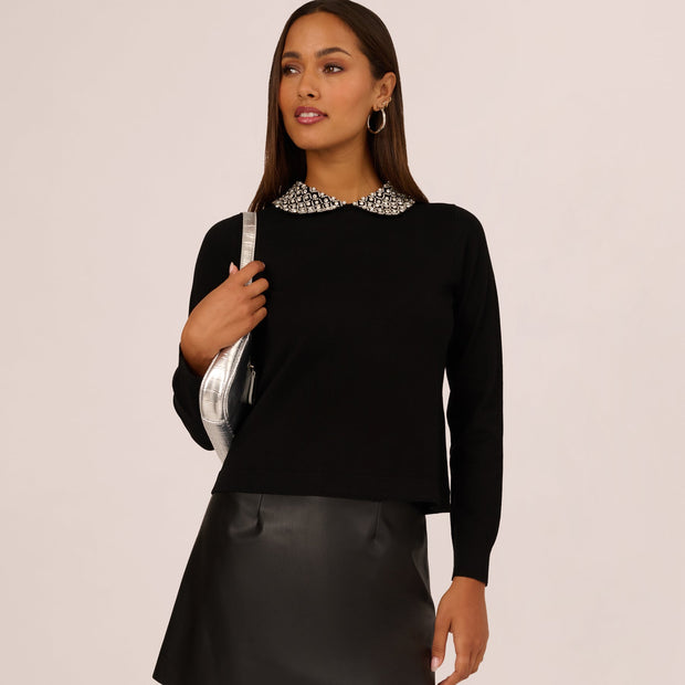 Long Sleeve Pearly Beaded Collar Sweater In Black