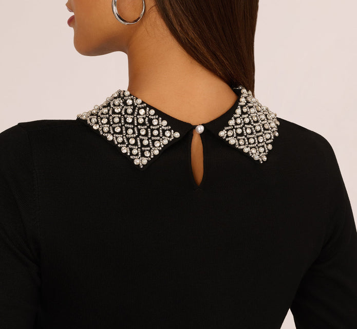 Long Sleeve Pearly Beaded Collar Sweater In Black