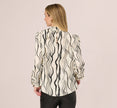Long Sleeve Tie Neck Blouse In Ivory Black Abstract Brush