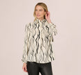 Long Sleeve Tie Neck Blouse In Ivory Black Abstract Brush