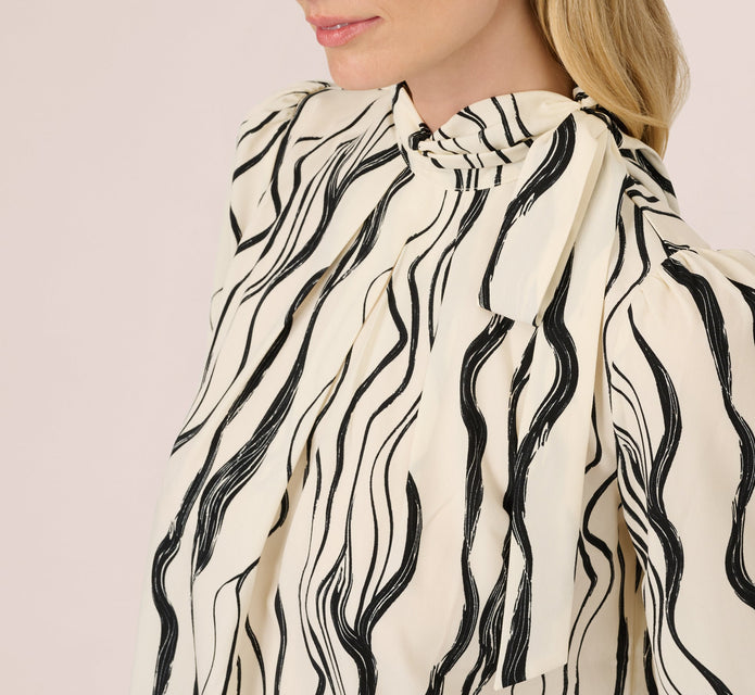 Long Sleeve Tie Neck Blouse In Ivory Black Abstract Brush
