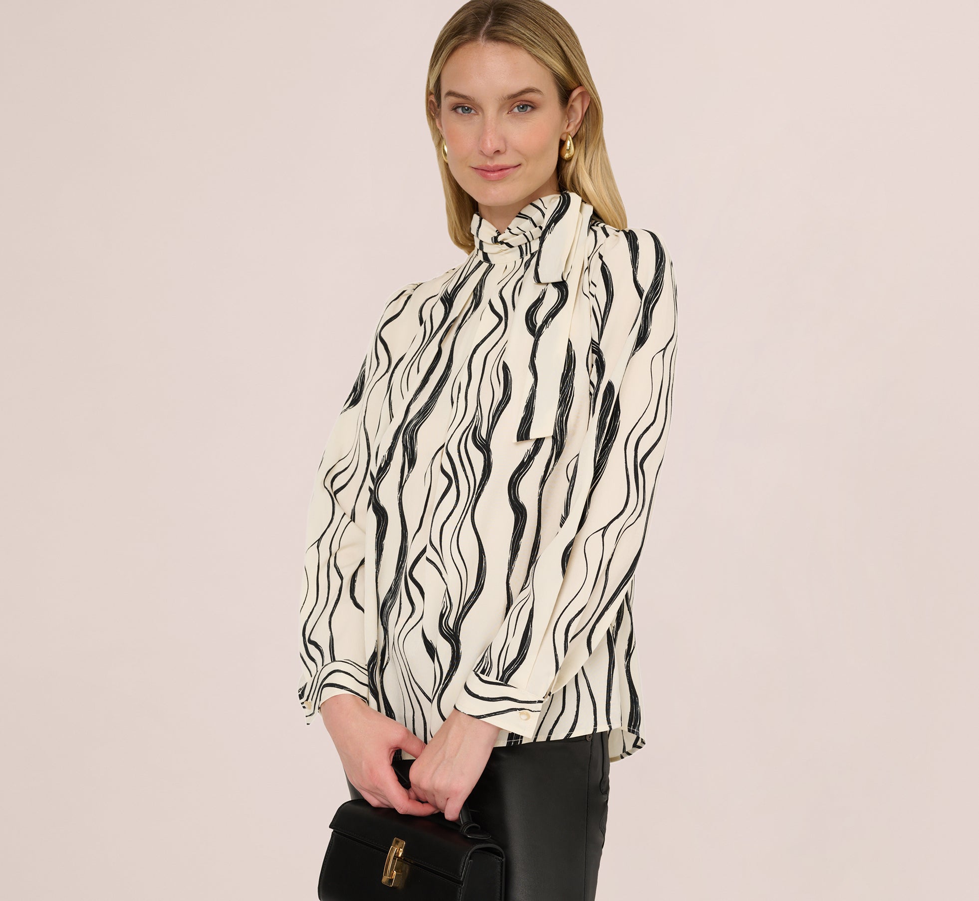 Long Sleeve Tie Neck Blouse In Ivory Black Abstract Brush
