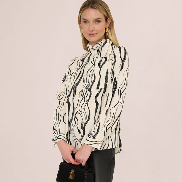 Long Sleeve Tie Neck Blouse In Ivory Black Abstract Brush