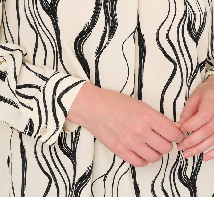 Long Sleeve Tie Neck Blouse In Ivory Black Abstract Brush