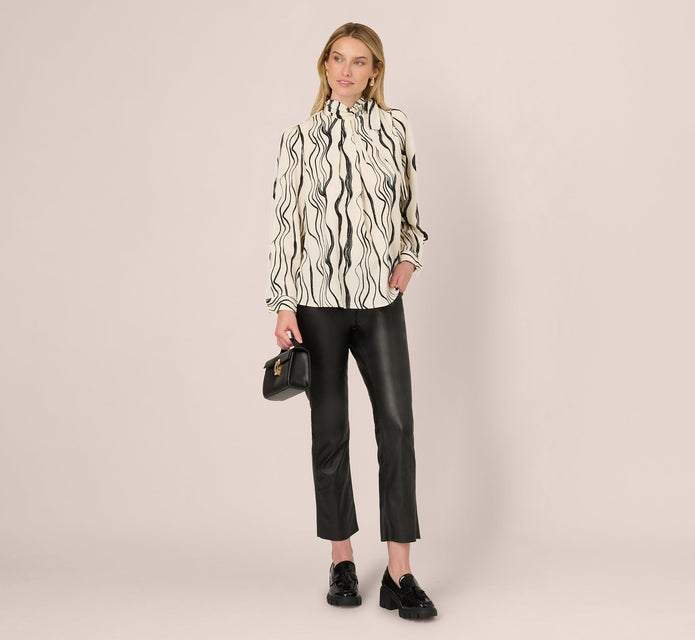 Long Sleeve Tie Neck Blouse In Ivory Black Abstract Brush