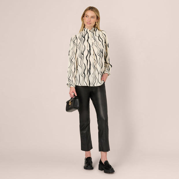 Long Sleeve Tie Neck Blouse In Ivory Black Abstract Brush