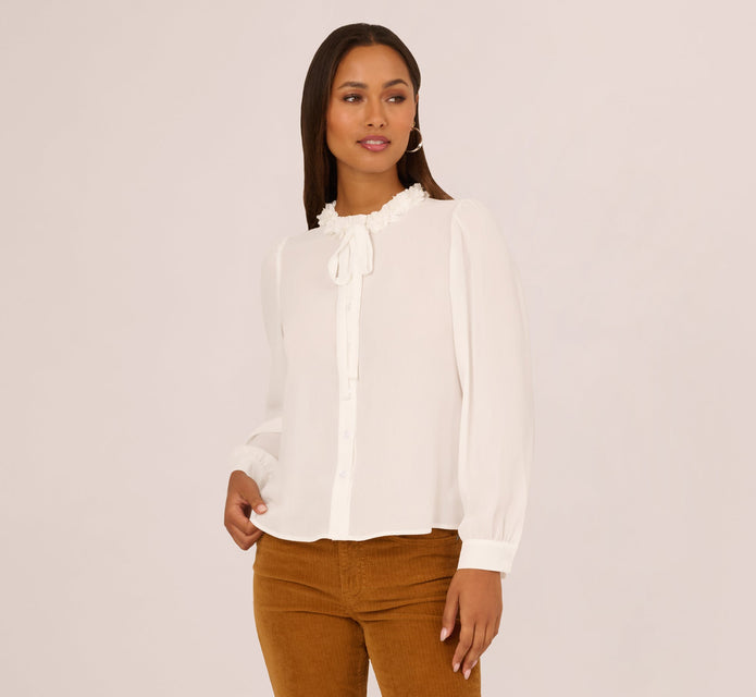 Long Sleeve Semisheer Floral Collar Blouse In Ivory