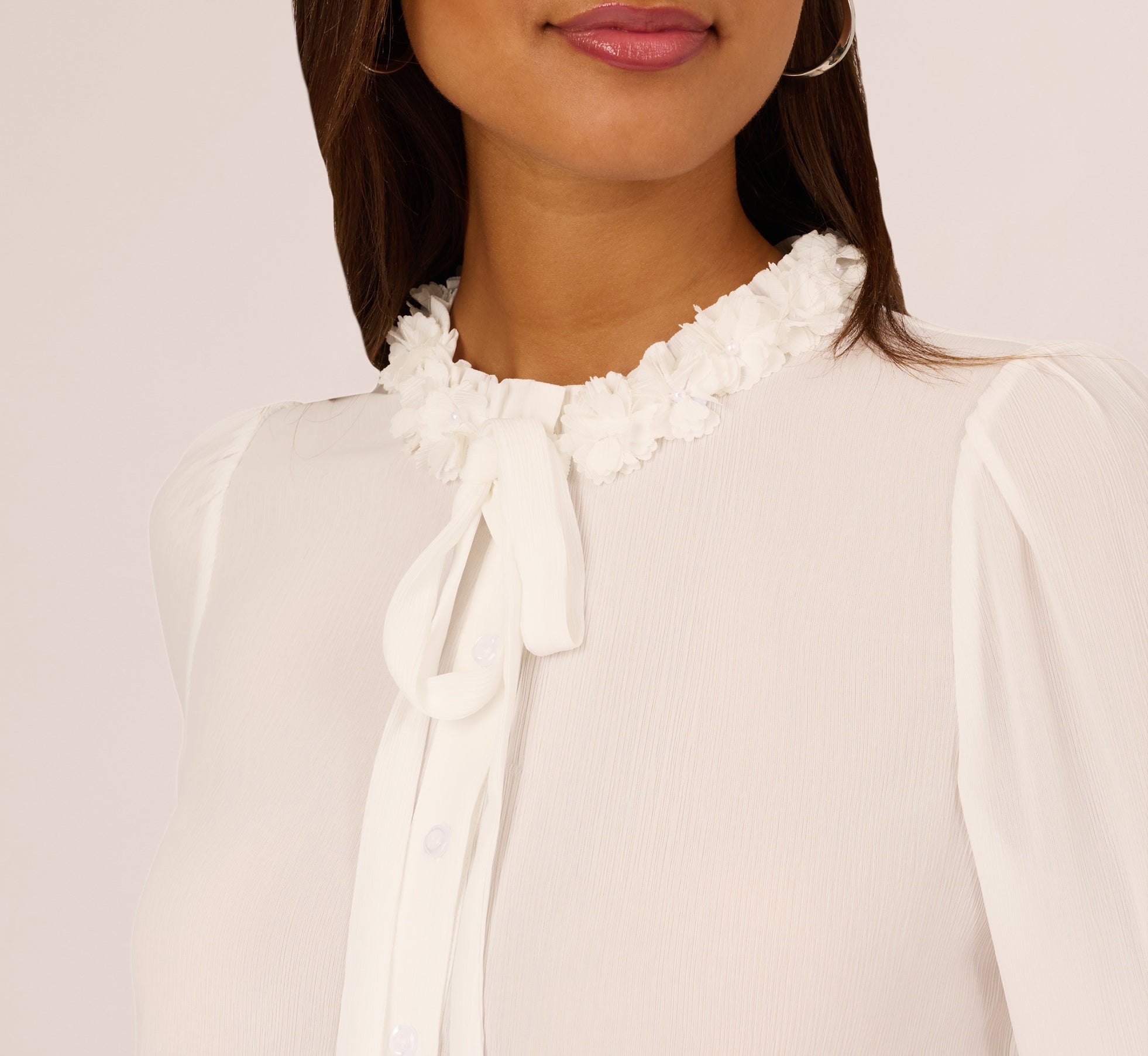Long Sleeve Semisheer Floral Collar Blouse In Ivory
