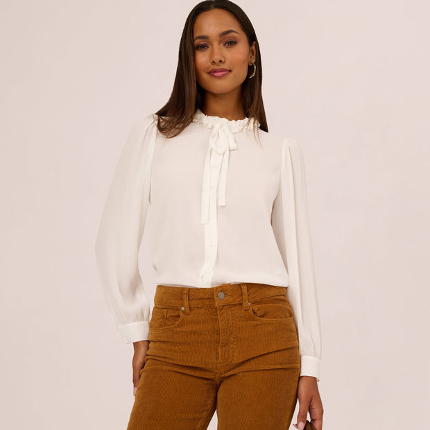 Long Sleeve Semisheer Floral Collar Blouse In Ivory