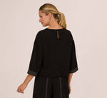 Three Quarter Sleeve Drop Shoulder Tie Waist Top In Black Ivory