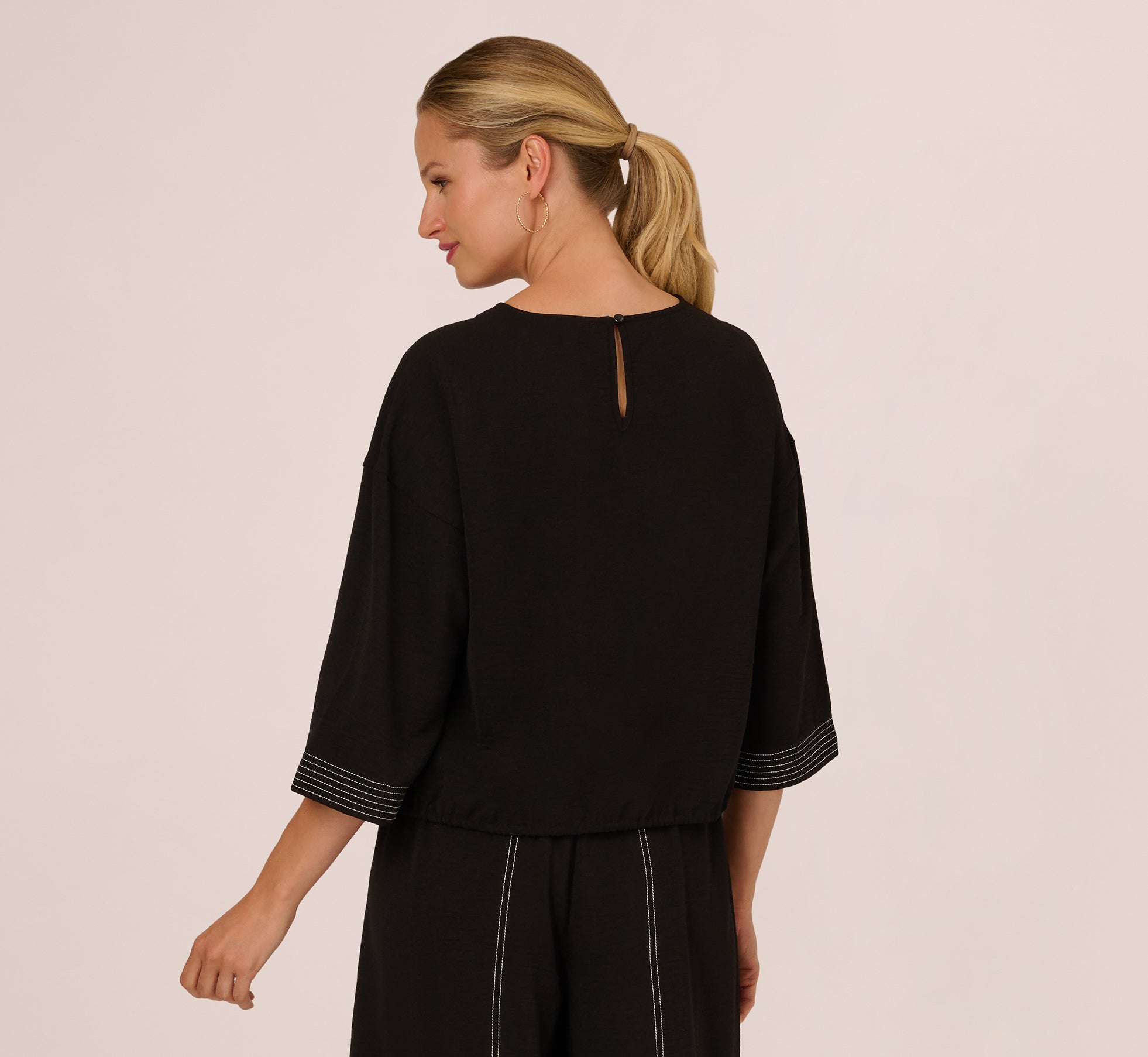 Three Quarter Sleeve Drop Shoulder Tie Waist Top In Black Ivory