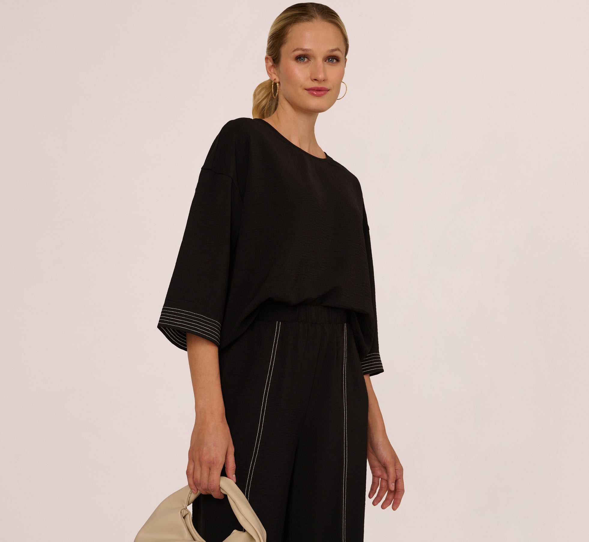 Three Quarter Sleeve Drop Shoulder Tie Waist Top In Black Ivory