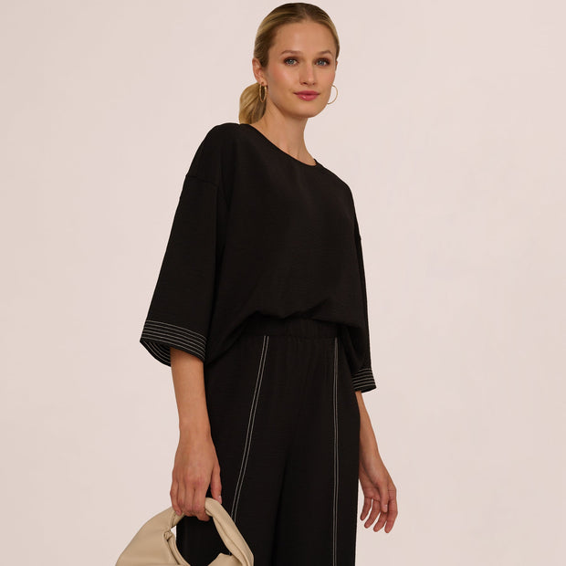 Three Quarter Sleeve Drop Shoulder Tie Waist Top In Black Ivory