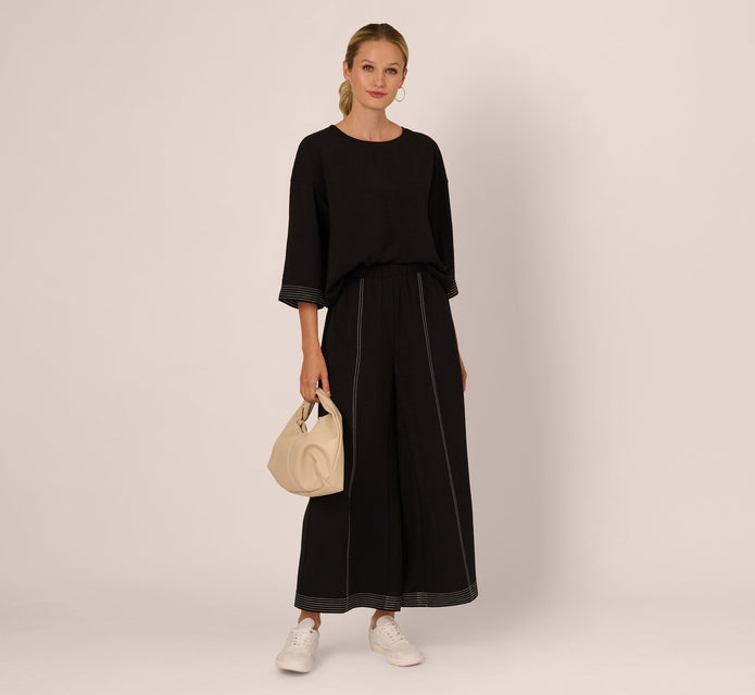 Three Quarter Sleeve Drop Shoulder Tie Waist Top In Black Ivory