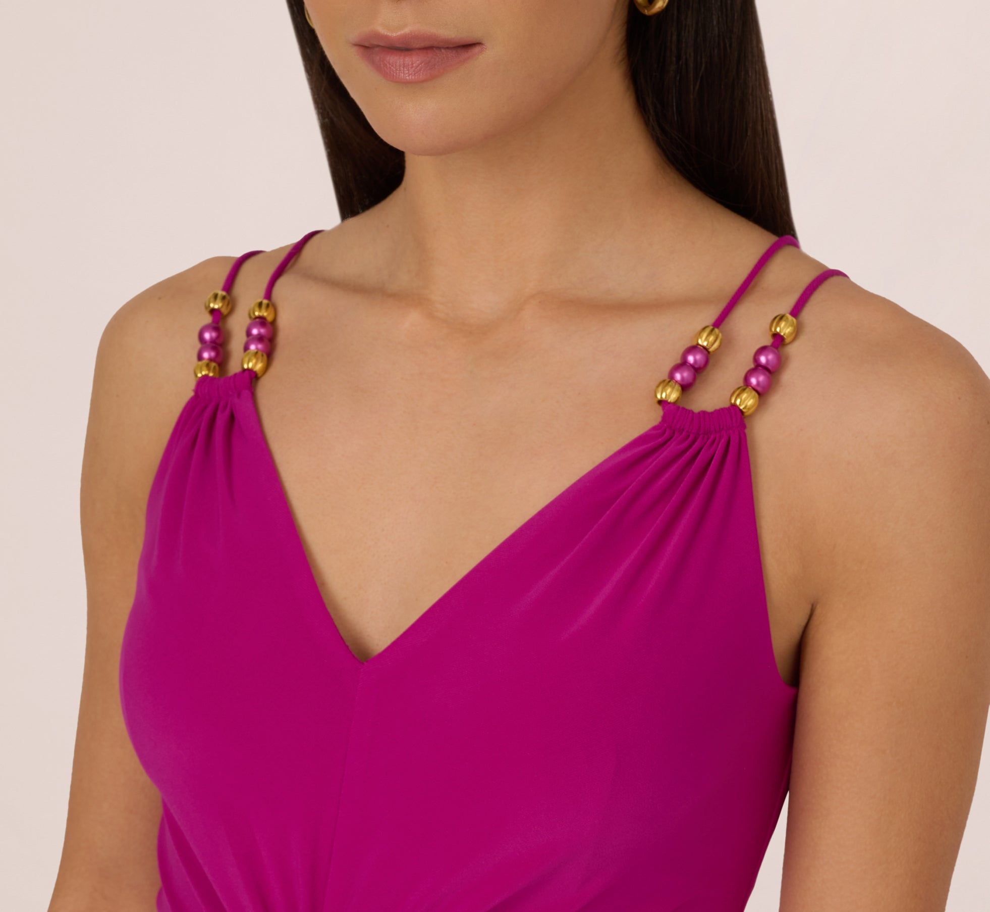 Shirred Jersey Dress With Dual Beaded Straps In Hot Magenta