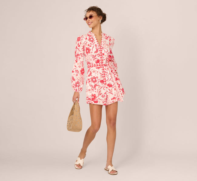Long Sleeve Tie Front Floral Romper In White Coral Multi